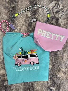 Beach Day Drawstring Bag and Pretty Pouch Set - Pink & Turquoise